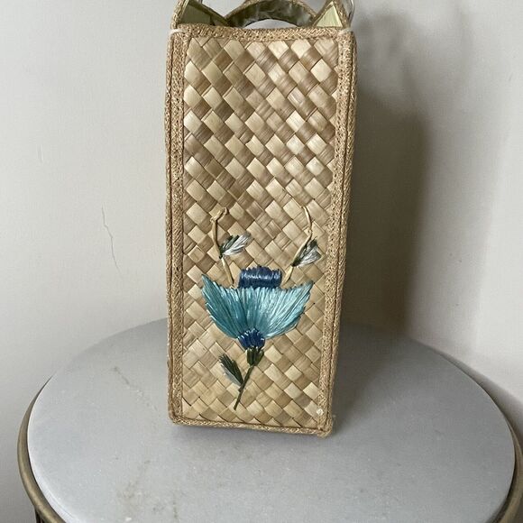 Vintage Handmade in Philippines Woven Straw Bag Pink Yellow Purple Flowers - Picture 8 of 12